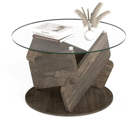 LIFEZEAL Tavolino Salotto in Vetro Temperato, Rotondo, Tavolino da Caffè, Soggiorno, Divano, Telaio in Legno Massello, Moderno, Semplice, Max 90kg, 81x81x49cm