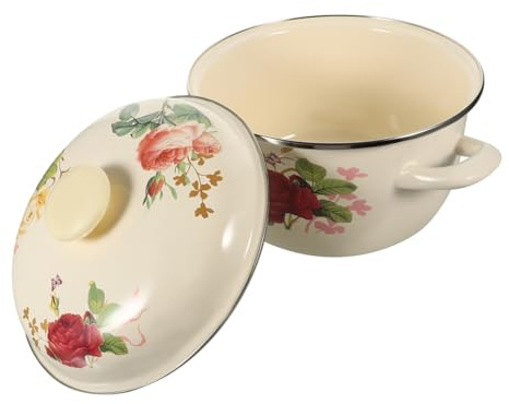 EPIGEIST Vintage Enamel Soup Pot with Lid 20cm Retro Cooking Pot Enamel Saucepan for Milk Pasta Suitable for Gas and Electric Cookers