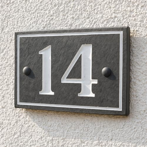 White House Number Plaque Deeply Engraved with Decorative Border 15cm x 10cm Natural Grey Slate Custom Address Name Sign Traditional Font Personalised One Two Or Three Digit Door Numbers For Garden
