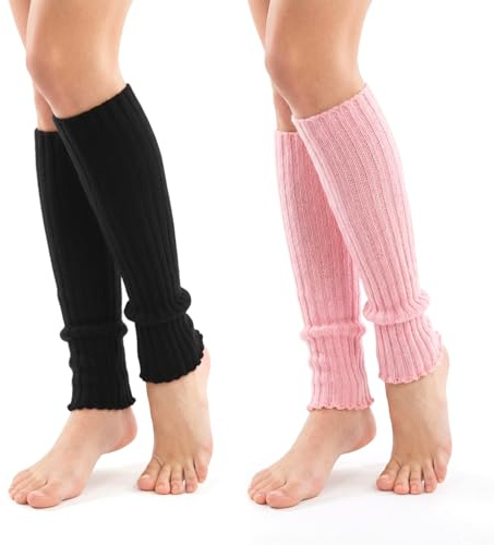 Ezymivs 2Pairs Leg Warmers for Women Girls Ribbed Knit, Fashion Knits Warm Leg Warmers, Knit Long Legs Warmer, 80s Party Dance Sports Socks for Skating Daily Wear