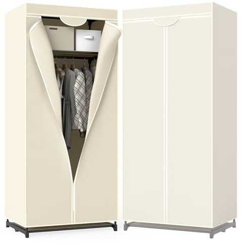 Armoire en Tissu Pliable et Peu encombrante avec Housse Anti-poussière, Armoire de Chambre verrouillable avec Fermeture Éclair pour Chambre, Salon, 74 x 50 x 172 cm (Beige)