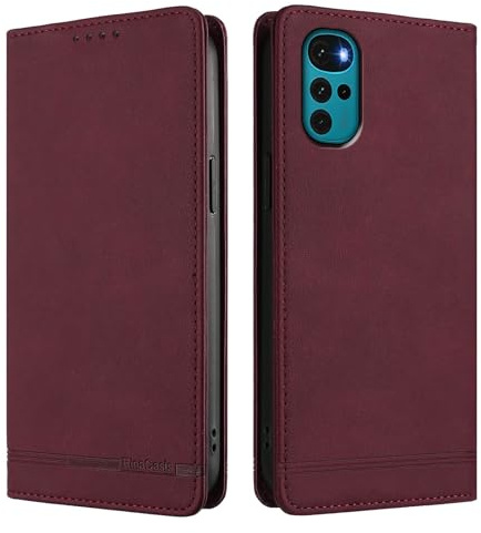 HAOYE Funda Cartera de Cuero Premium para Motorola Moto G22 – Flip Carcasa Magnética con Protección RFID, Soporte Plegable & Bumper Anti-Golpes - Rojo Vino