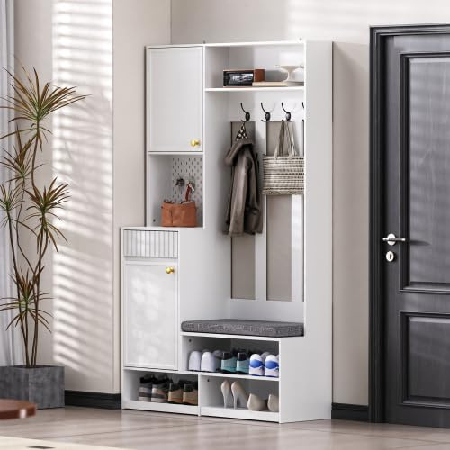 kozamas Garde-robe de couloir avec banc et tiroirs - Ensemble garde-robe 6 en 1 - Blanc - Compact (100 x 35 x 180 cm) - Avec 4 crochets, panneau perforé et sécurité anti-basculement pour entrée et