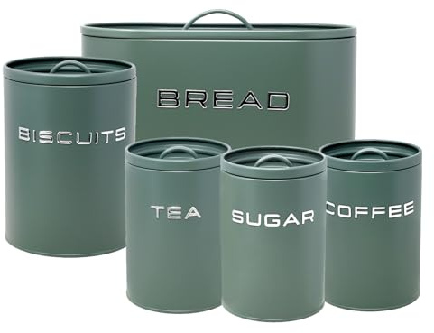 UNIQUE HOME LIVING 5-Piece Tea Coffee Sugar Bread Bin & Biscuit Canister Set, Labelled Storage Tins, Metal Containers with Airtight Lids, Canisters for Kitchen Accessories and Essentials, Sage Green