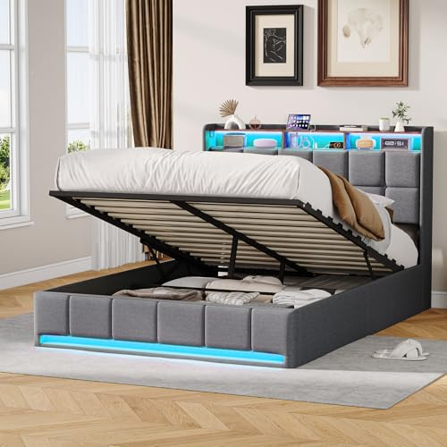 Zorvani Polsterbett 140x200 cm mit LED & USB-Ladeanschluss, Hydraulisches Stauraumbett mit Bettkasten, Modernes Doppelbett mit Seitentaschen & Lattenrost, Boxspringbett, Jugendbett (Ohne Matratze)