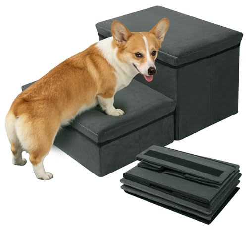 Hundetreppe 2 Stufen, Hunderampe Haustiertreppe mit Stauraum, Faltbare | Katzentreppe Sofa für Alte Katzen Hunde, Hundetreppe Bett & Sofa, 32 x 42 x 64 cm, Grau