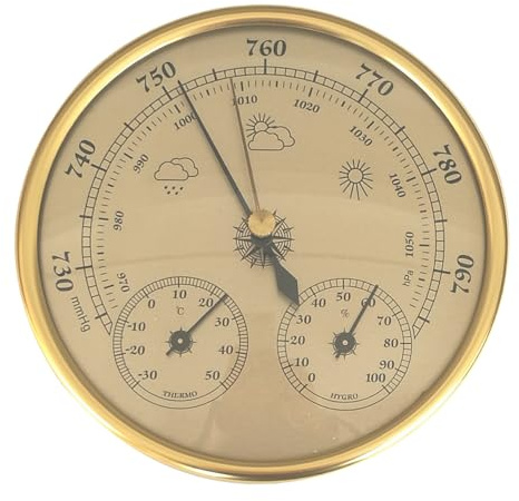 3 in 1 Barometer Indoor 5 Inch Dia Metal Barometer Thermometer Hygrometer Golden Weather Station for Indoor Outdoor