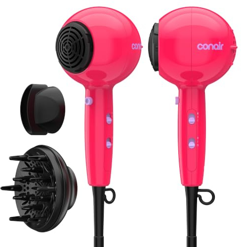 Conair Cake Pop Hair Dryer with Diffuser & Concentrator Attachments, Blow Dryer, Hair Dryers for Women, Tourmaline Ceramic Technology, 3 Heat/2 Speed Settings, Compact Hair Dryer w/Concentrator, Pink