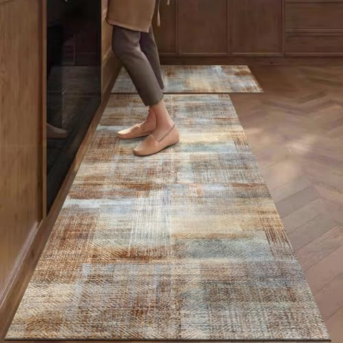 Alfombra Cocina 50X80Cm Marrón Azul Alfombra Vinilica Cocina Cuero,Modernas Lavable Antideslizante Anti Fatiga para Pasillo, Comedor,Hogar Alfombrilla Cocina