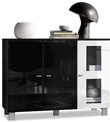 Vladon Sideboard Denjo, Made in Germany, Kommode mit 3 Türen, Schwarz matt/Weiß Hochglanz (107 x 81 x 35 cm)