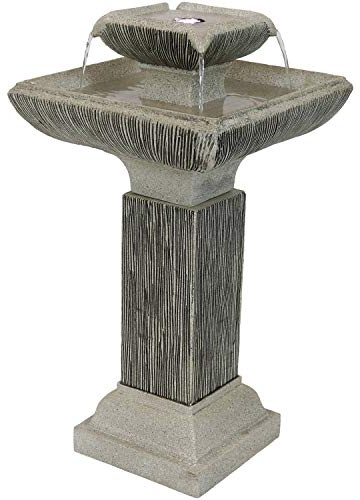 Sunnydaze 25-Inch Square 2-Tier Outdoor Bird Bath Water Fountain - LED Lights - Electric Submersible Pump with Adjustable Flow