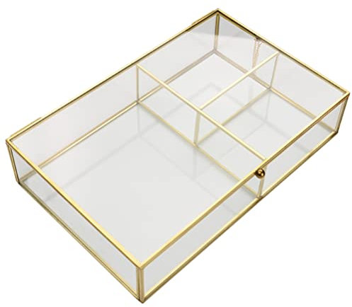 NUOBESTY Organizador de Joyas de Vidrio Caja Transparente Dorado Vintage Caja de Vidrio Joyería Maquillaje Cosmético Titular con Tapas para Almacenamiento Baratija Anillos Pulsera