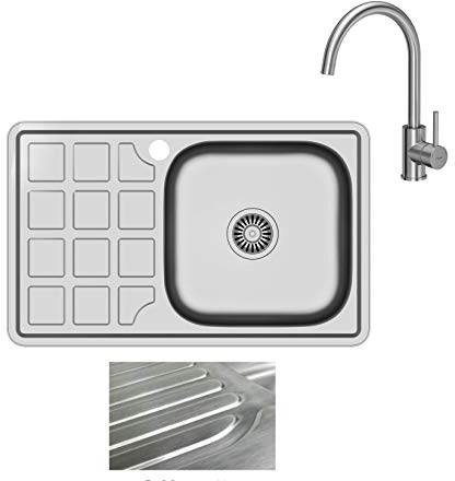 VBChome Einbauspüle mit Armatur 78x48 Satinstruktur ab 50er Unterschrank Edelstahl Küchenspüle Spüle Ablagefläche Abtropffläche eckiges Camping Ablaufgarnitur Siphon Wasserhahn Inox Edelstahl