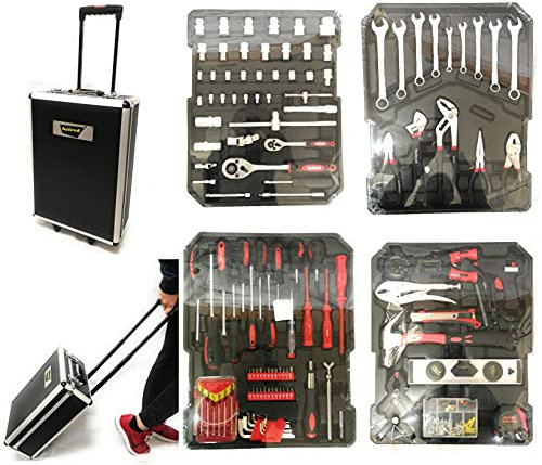 Set Professionale Attrezzi Utensili In Acciaio con Trolley Valigia con 4 Cassetti Vassoi portautensili (CASSETTA NERA)