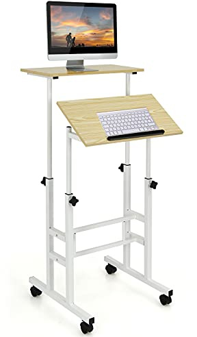 COSTWAY höhenverstellbarer Sitz-Steh Schreibtisch auf Rollen, Mobiler Stehschreibtisch mit 2-stufiger Computerarbeitsplatz, Laptoptisch Stehpult Stehtisch Workstation für Zuhause Büro (Natur)