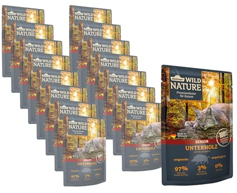 Dehner Wild Nature Katzenfutter Unterholz, Nassfutter getreidefrei / zuckerfrei, für ältere Katzen, Wildschwein, 16 x 85 g Beutel (1.36 kg)