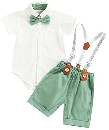 Geagodelia Costume Gentleman Bébé Garçon Eté Body Chemise à Manches Courtes + Shorts à Bretelles