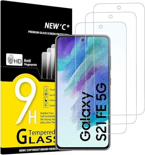 NEW'C 3 Pack, skärmskydd i glas för Samsung Galaxy S21 FE 5G, bubbelfri, 9H hårdhet, 0,33 mm ultratransparent, ultrabeständigt härdat glas