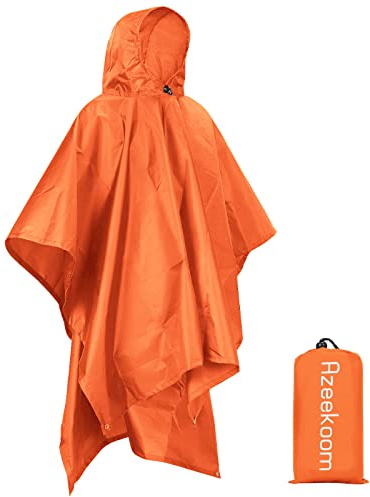 Azeekoom Poncho Impermeable, Poncho de Lluvia Reutilizable con Capucha, Multiusos Ligero Chubasquero para Hombre Mujer Excursionismo, Picnic y Camping (Naranja)