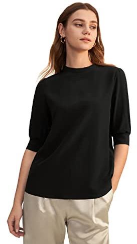 LilySilk Damen Reine Seidenshirt Damenbluse Klassische Bluse mit halbem Ärmel Damenmode Kurzarmbluse(Schwarz,L)