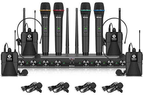 D Debra Audio AU800 Pro UHF 8-Kanal Kabelloses Mikrofonsystem, 4 Handmikrofone & 4 Bodypacks, Metall-Empfänger, Perfekt für Karaoke, Kirche, Party