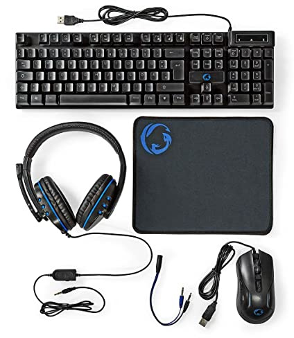 Nedis Kit Gaming Combo | 5-en-1 | Teclado, Headset, ratón y Alfombrilla de ratón | Negro | QWERTZ | DE Layout