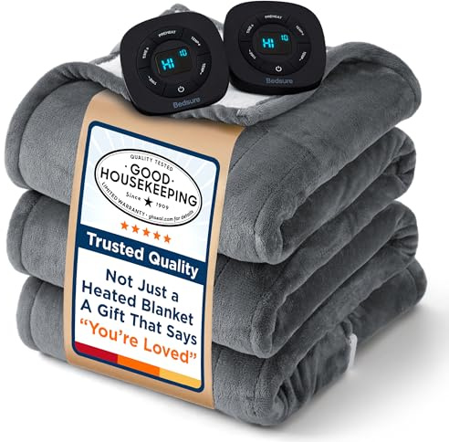 Bedsure Electric Blanket Queen Size - Dual Control Heated Blanket Queen, GentleSoft Fast Heating with 10 Time Settings & 10 Heat Settings, Warm Gift for Grandma (84x90 inches, Grey)