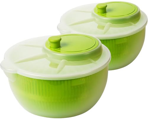 2friends Salatschleuder mit Deckel Salat Trockner 2er Set Ã˜25 cm, Höhe 13 cm, 4 Liter Fassungsvermögen, mit Ausguss, Spülmaschinengeeignet Robustes PP Material, Grün/Transparent, Premium EU-Qualität