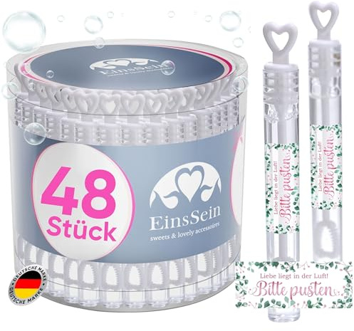 EinsSein 48x Seifenblasen Hochzeit | weiße Herzgläschen mit rosa-grün Aufkleber „Bitte pusten“ | Hochzeitsseifenblasen für Hochzeit Gastgeschenke Deko Hochzeit Vintage & Luftblasen Momente