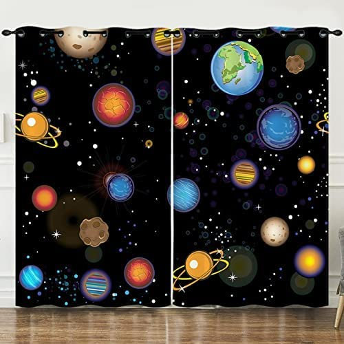 Kinder Vorhang Blickdicht Thermovorhang Cartoon Universum Erde Sterne Gardinen Wohnzimmer Vorhänge Kinderzimmer Geräuschreduzierung Dekoration Für Schlafzimmer Wohnzimmer Küche Fenster 280 (B) X 250