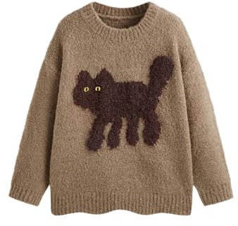 CIDER Women’s Cat Sweater Long Sleeve Crew Neck Fun Graphic Cute Patterned Pullover Sweater Tops: Brown, M