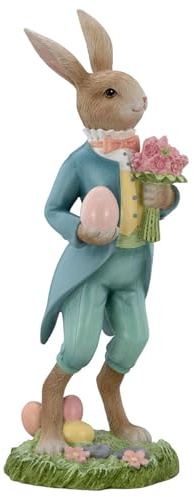 H.Bauer jun. große Deko Hasen Figur Kunststein 41.2 cm - stehender Osterdeko Hasen Mann bunt gekleidet mit Blumenstrauß - XXL Polyresin Osterhasen Frühjahresdeko zum hinstellen