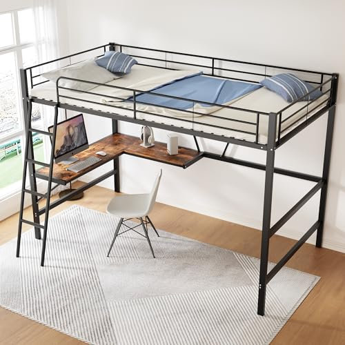 MQLAE 90x200cm Bettgestell Metallbett, Eisenbett mit Rausfallschutz, Hochbett mit L-förmigem Schreibtisch und einem Regal, Modern Bettrahmen für Kinder, Jugendliche und Erwachsene, Schwarz