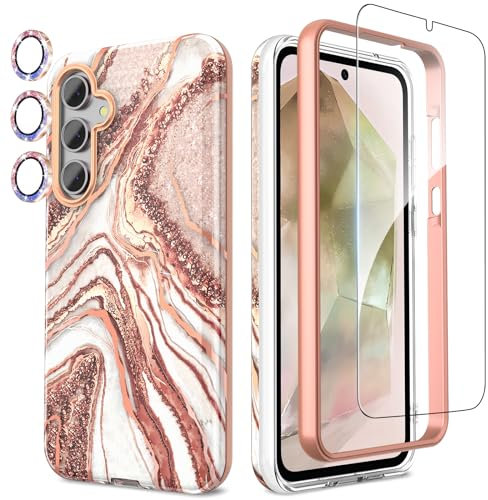 SHEDEER for Samsung A55 5G Case with Screen Protector + Bumper & Camera Protector, TPU Shockproof 360° Protection, Galaxy A55 5G Case Glossy Fade-Resistant Pattern Phone Case A55 5G, Rosegold
