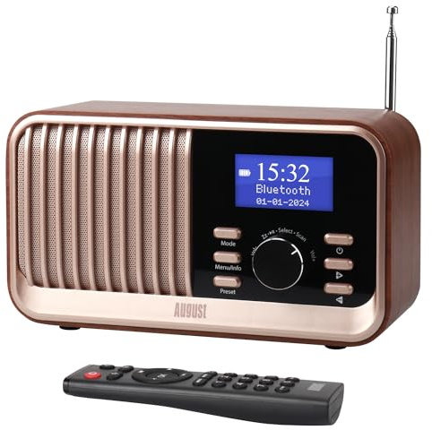 Wiederaufladbares DAB+/FM Radio Dual Wecker-August MB450K-Nostalgie tragbares Küchenradio mit 60 Presets Bluetooth 5.3 Lautsprecher Holzgehäuse, USB/AUX/MicroSD, bis zu 18h Betriebszeit, Fernbedienung