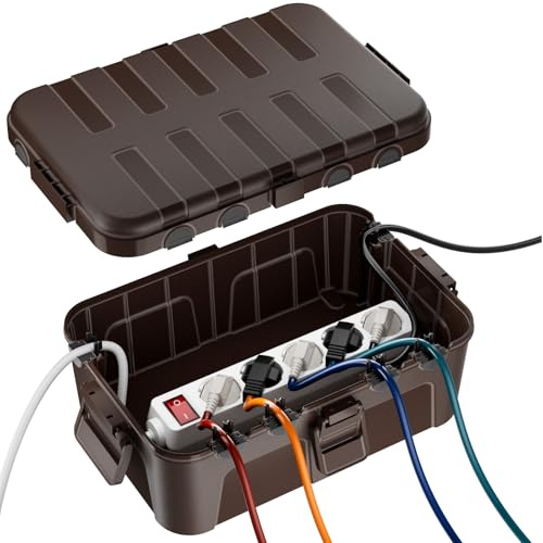 RESTMO große Kabelbox wasserdicht, Elektrokasten für Verlängerungskabel | IP54 wetterfest, 32x22x13cm, für Steckdosenleiste, Außensteckdose, Gartensteckdose, Verteilerdose & Kabel, Braun