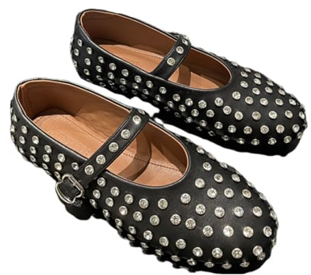 CRETUAO Ballerine da Donna Con Strass, Mary Jane Con Punta Rotonda e Fibbia Scintillante, Casual Impreziosite Con Borchie, Nero, 39 EU