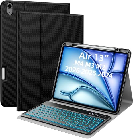 JUQITECH iPad Air 13 inch Keyboard Case M4 M3 M2 2026/2025/2024, 7 Colors Backlit Bluetooth Removable Keyboard Smart Multi-Angle Soft Folio PU Protective Cover Case with Apple Pencil Pro Holder,Black