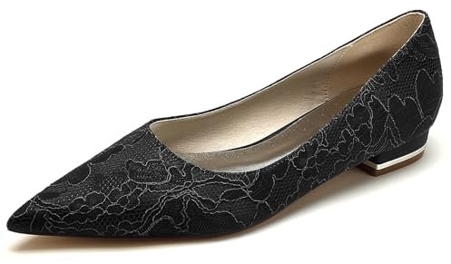 FGRID Bailarinas con Punta Cerrada para Mujer, Zapatos de Boda de Novia con tacón bajo Floral y Encaje Satinado Sexy, Zapatos de Bailarina sin Cordones con Punta Redonda,Negro,37