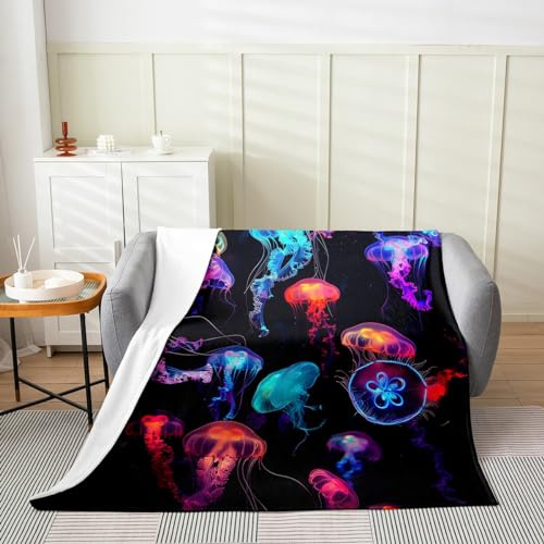 Homewish Bunte Quallen Wurf Decke 75x100 (LxB), Nautische Meerestier Weiche Atmungsaktive Decke für Jungen Mädchen, Unterwasser Welt Marine Life Fleece Decke Schlafzimmer Dekor, Schlafsofa Couch