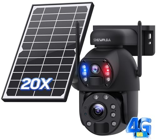 SHIWOJIA 20X Telecamera con SIM da Esterna, 360° PTZ 4G Telecamera Senza Fili Esterno con Doppia Lente, Batteria Ricaricabile, Visione Notturna a Colori, PIR Rilevamento Intelligente