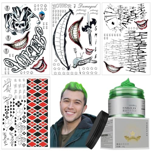 Joker Tattoos,4 Blätter Halloween Tattoos, 100g Grün Haarwachsfarbe | Fake Tattoo Aufkleber,Clown Tattoo Aufkleber,Temporäres Haarfarbe für Halloween Party Karneval Accessoires