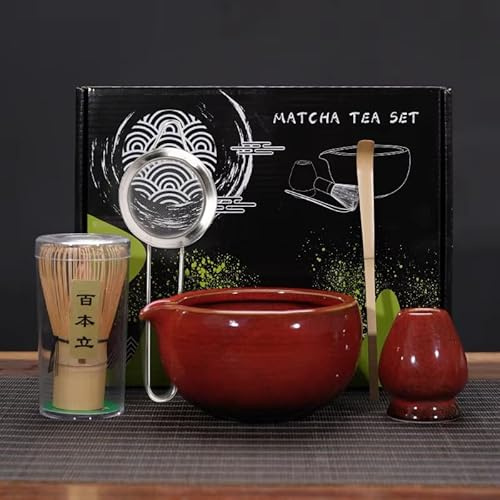 SAKURAMATCHA | Matcha Tee Set | 5er-Set aus Matcha Besen und Schaufel aus Bambus, Matcha Schale und Besenhalter aus Keramik und Sieb aus rostfreiem Edelstahl | Handwerklich angefertigt (Rubinrot)