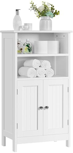 Yaheetech 5-Tier Bathroom Floor Cabinet, Double Door Wooden Storage Organizer with Adjustable Shelves, Freestanding Modern Design for Bathroom, Living Room and Kitchen