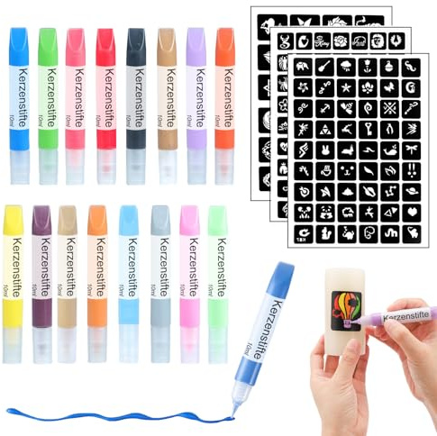 Ovaletta 16 Stück Kerzenstifte, Kerzen Bemalen Set, Wachsstifte für Kerzen, Candle Pen Ideal zum Dekorieren und Gestalten Kerzenfarbe, Keramik Bemalen Set mit 3 Stück Schablonen, je 10 ml