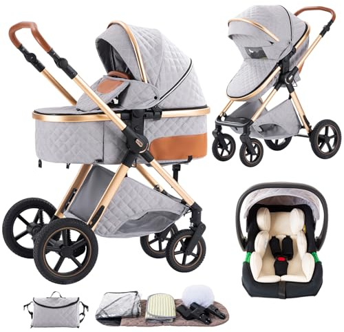 Shineey 3 in 1 Baby Stroller with Height Adjustable Handle,3 in 1 Prams Travel System, Lightweight Foldable Pushchair, Prams with Aluminum Frame for Portable Baby Carriage
