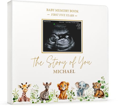 Personalized Faux Leather Baby Memory Book Keepsake for Boy or Girl - Enter any Name w/Gold Foil Stamp for Special Touch I First 5 Year I Gender Neutral, Safari Theme - Baby First Year Book inc Pen