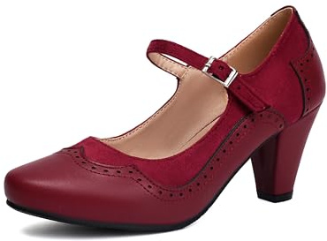 elerhythm Mary Jane Classique et Rétro des Années 20 Pompes à Talons Hauts Gatsby Oxford, Modèle des Années 50, Pinup, Vintage, Pointe Ronde Fermée des Années 40, Bracelet à la Cheville, rouge, 37 EU
