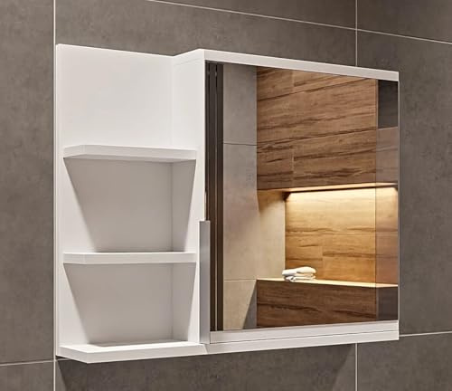 FreshYou Spiegelschrank 60x50 Weiß, Badezimmerschrank mit Ablagen, Badezimmerspiegel, Hängeschrank - Links
