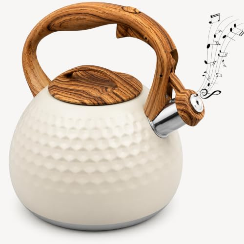 Wasserkessel, 3L Edelstahl Teekessel mit Holzmasergriff, Flötenkessel Pfeifender Wasserkessel für alle Kochplatten, Induktionsherd, Gasherd und Elektroherd (Weiß)